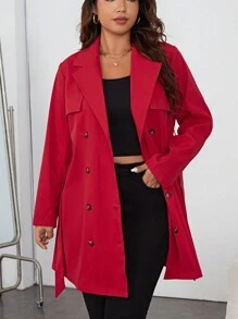 SHEIN Privé Hơn Cổ áo Đôi ngực Thắt lưng Áo khoác Trench - Đỏ - Xem 1