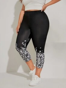 SHEIN LUNE 大碼印花緊身打底褲 - 黑色 - 查看 1