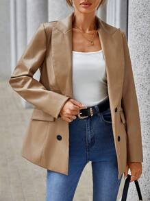 SHEIN Clasi Lapel Neck Double Breasted PU Blazer - Khaki - View 1