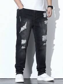Manfinity Men Plus Ripped Frayed Cat Scratch Skinny Jeans - Black - View 7
