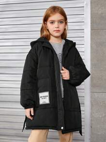 SHEIN Tween Girl 字母贴片落肩连帽系带夹棉外套 - 黑色 - 查看 3