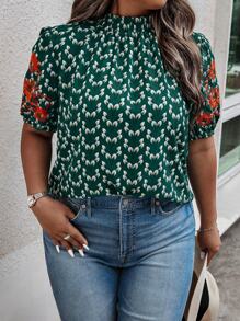 SHEIN LUNE Plus Allover Print Mock Neck Puff Sleeve Blouse - Dark Green - View 4