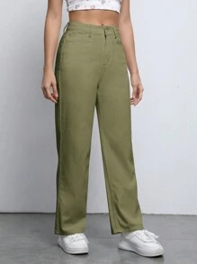 Muchica Solid Straight Leg Pants - Army Green - View 4