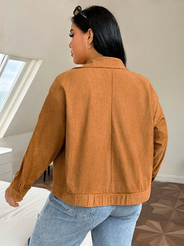 Plus Solid Button Front Zip Up Drop Shoulder Jacket Winter Fall Autumn