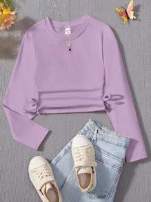 SHEIN Tween Girls Solid Ruched Side Tied Hem Crop Tee - Purple - View 1