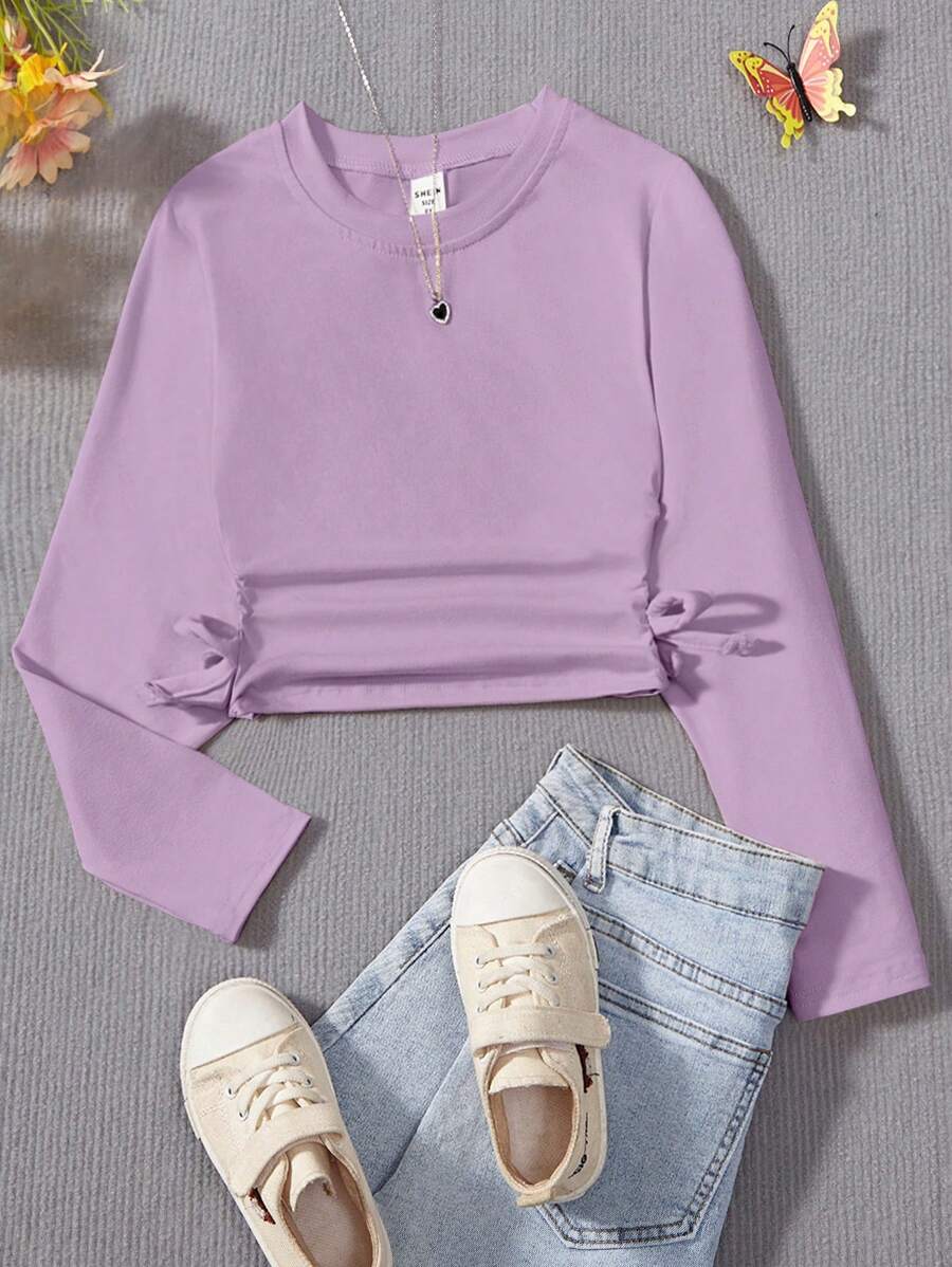 SHEIN Tween Girls Solid Ruched Side Tied Hem Crop Tee - Purple - View 1