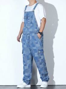 Manfinity Homme 男士大码色塊拼接圖案翻蓋口袋牛仔背帶褲不帶T恤 - 彩色 - 查看 8