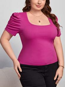 SHEIN Privé Plus Puff Sleeve Ribbed Knit Tee - Hot Pink - View 5