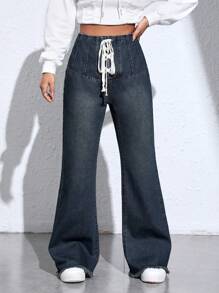 SHEIN EZwear 前繫帶牛仔喇叭褲 - 深色水洗藍 - 查看 2