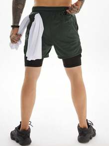 Manfinity Fitness Men Drawstring Waist 2 In 1 Sports Stretchy Shorts With Phone Pocket Gym Shorts Grey Shorts - Dark Grey - View 2