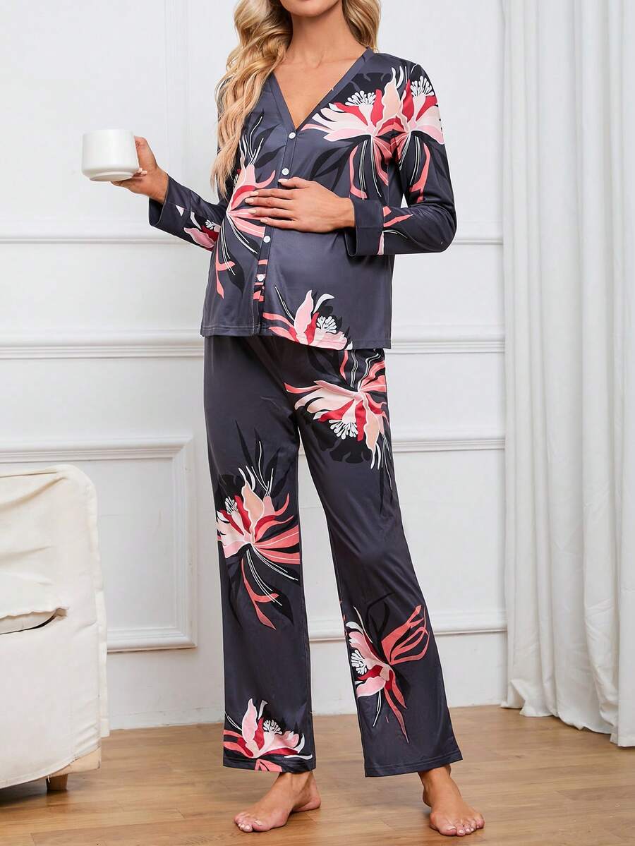 孕婦熱帶圖案前紐扣睡衣套裝 - 彩色 - 查看 1