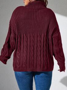 SHEIN LUNE Plus Turtleneck Cable Knit Drop Shoulder Sweater - Burgundy - View 2