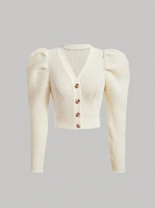 SHEIN MOD 前紐扣羊腿袖開襟衫 - 杏色 - 查看 1