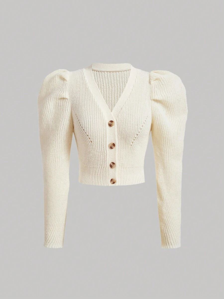 SHEIN MOD 前紐扣羊腿袖開襟衫 - 杏色 - 查看 1