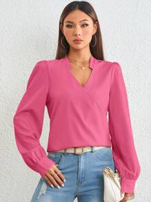 SHEIN Essnce Solid Surplice Neck Lantern Sleeve Blouse - Hot Pink - View 1