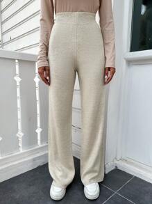 EURMUSE Solid Wide Leg Knit Pants - Beige - View 5