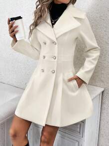 SHEIN Clasi Lapel Neck Double Breasted Slant Pocket Overcoat In Fall/Winter - Beige - View 3