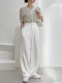 Dazy-Less High Waist Fold Pleated Trousers Without Belt - White - View 5