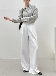 Dazy-Less Slant Pocket Fold Pleated Tailored Trousers - White - View 7