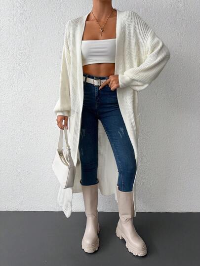 EURMUSE Women's Drop Shoulder Open-Front Cardigan With Big Pockets, Long Sleeve, Solid Color, Knitted, Casual