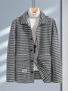 Manfinity Hypemode Loose Fit Men's Houndstooth Tweed Overcoat With Flap Pocket And Letter Patch Detail - Black and White - View 1