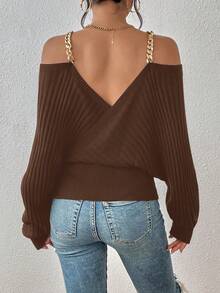 SHEIN Essnce Chain Detail Cold Shoulder Batwing Sleeve Sweater - Brown - View 2