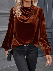 SHEIN Clasi Draped Collar Lantern Sleeve Velvet Blouse - Brown - View 5