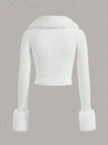 SHEIN ICON Borg Collar Fuzzy Cuff Tight Cut Black Long Sleeves Cardigan,Long Sleeve Tops In Fall/Winter - White - View 2