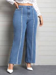 SHEIN Privé Plus High Waist Raw Trim Straight Leg Jeans - Medium Wash - View 4