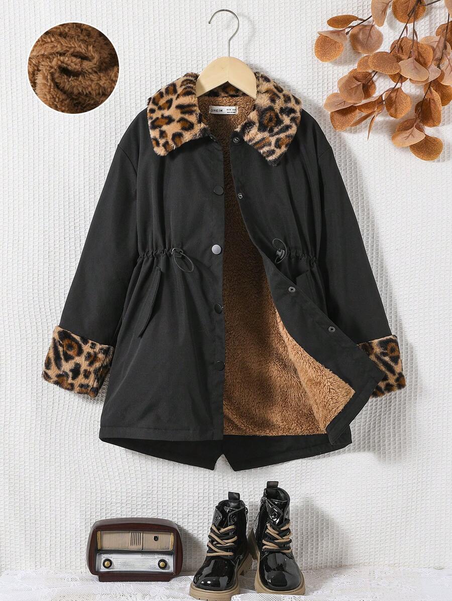 SHEIN Tween Girl Leopard Print Teddy Lined Drawstring Waist Coat - Black - View 1