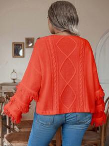 Calvaya 加绒流苏饰边落肩麻花针织套头衫秋冬毛衣 - 珊瑚橙 - 查看 2