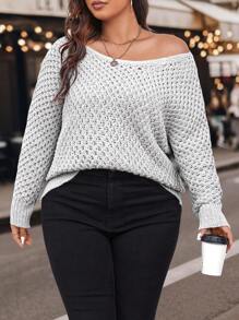 Calvaya Plus Pointelle Knit Drop Shoulder Sweater Knit Pullover Fall Winter Outfit