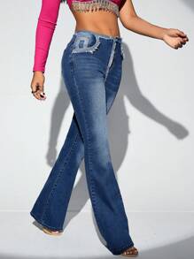 SHEIN SXY Hiệu ứng Ria mép Quần ống loe - Rửa trung bình - Xem 4