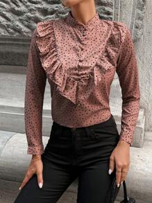 SHEIN Cottnline Blusa con estampado de lunares ribete con fruncido de cuello alto - Marrón Chocolate - Ver 6