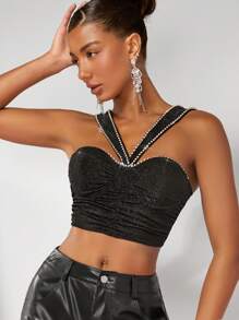 SHEIN BAE Detale z kamieniami szlachetnymi Pomarszczona Crop top - Czarne - Zobacz 1