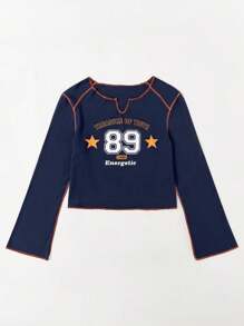 SHEIN EZwear Áo thun Plus size Hình học Slogan Giải trí - Màu xanh hải quân - Xem 3