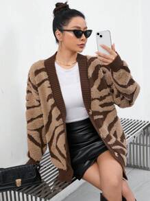 GENKIRA Áo len cardigan hở vai họa tiết đồ họa, Áo len cardigan hở vai cổ chữ V cài nút thường ngày cuối thu dành cho nữ, Áo len oversize thường ngày, Áo dài tay - màu nâu - Xem 5