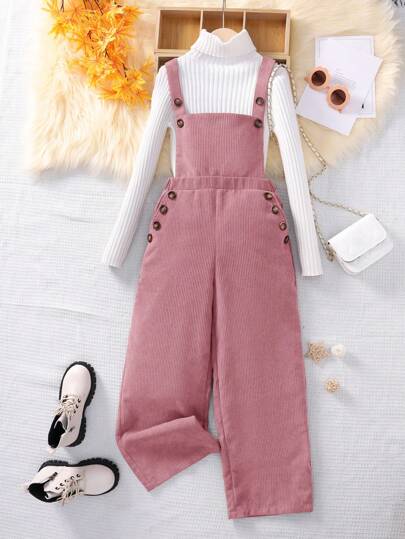 SHEIN Tween Girl 1st Button Detail Overall Jumpsuit