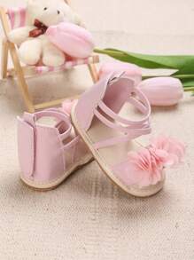 女嬰花朵裝飾交叉露趾踝帶平底涼鞋適合夏天 - 粉色 - 查看 5