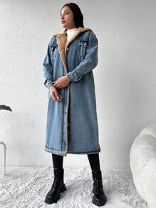 EURMUSE Flap Pocket Teddy Lined Denim Coat - Blue - View 6