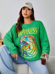 SHEIN EZwear 休閒字母大碼運動衫 - 綠色 - 查看 4