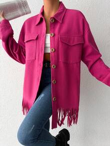 EURMUSE 有蓋口袋落肩流蘇下擺大衣 - 玫紅色 - 查看 3