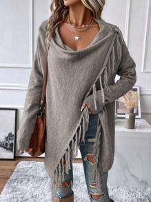 SHEIN LUNE Fringe Trim Asymmetrical Hem Draped Collar Cardigan - Grey - View 3