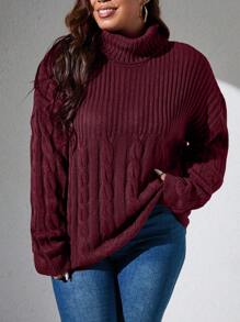 SHEIN LUNE Plus Turtleneck Cable Knit Drop Shoulder Sweater - Burgundy - View 3