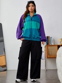 SHEIN EZwear Hơn Khối màu Tay Raglan Dây kéo Windbreaker Jacket - Nhiều màu - Xem 4