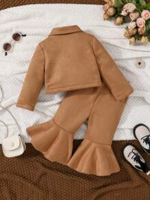 SHEIN 女孩嬰兒西裝領夾克&喇叭褲 - 棕色 - 查看 2