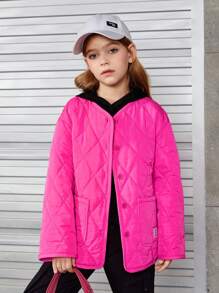 SHEIN Tween Girl Slogan Graphic Patch Detail Quilted Coat Without Hoodie - Hot Pink - View 2