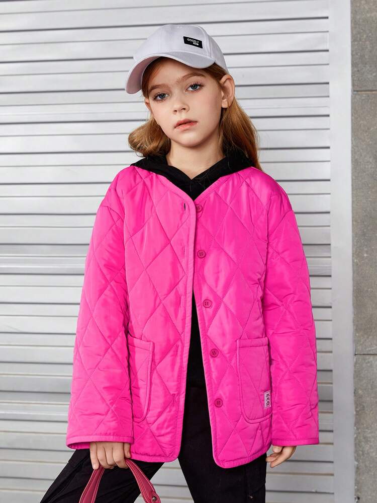 Tween Girl Slogan Graphic Patch Detail Quilted Coat Without Hoodie