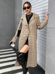 SHEIN Essnce Plaid Print Double Button Overcoat - Multicolor - View 5