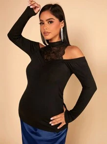 SHEIN Maternity Cold Shoulder Lace Yoke Tee - Black - View 3